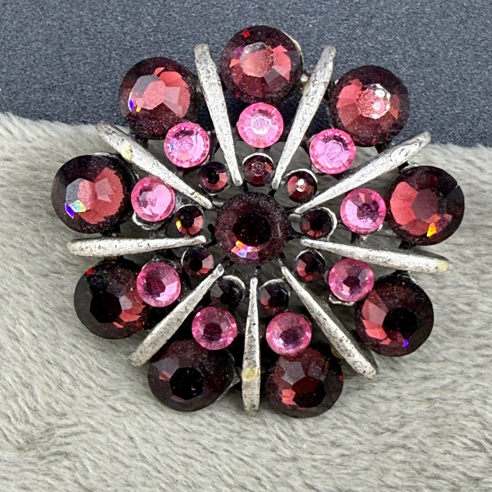 Vintage Bonnie J Brooch Silver Tone Pink Purple Rhinestone Flower Signed 1.5in